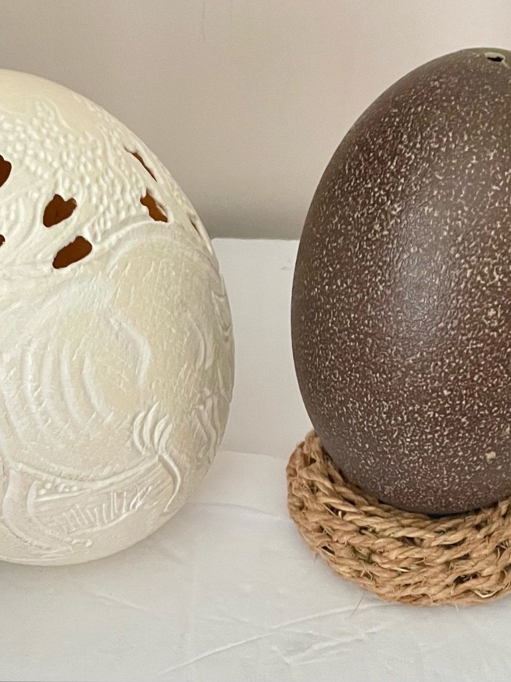 Carved Ostrich Egg & Emu Egg + Woven Stand Rhino Carved